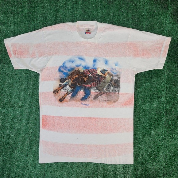 Vintage Rodeo Cowboy Shirt Size Large Single Stitch Made In USA Cattle AOP 90s - Picture 2 of 9